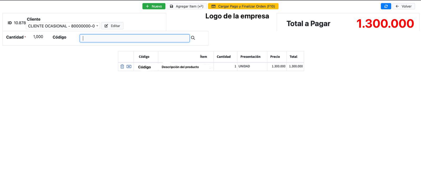 Vista del total a pagar en modo caja